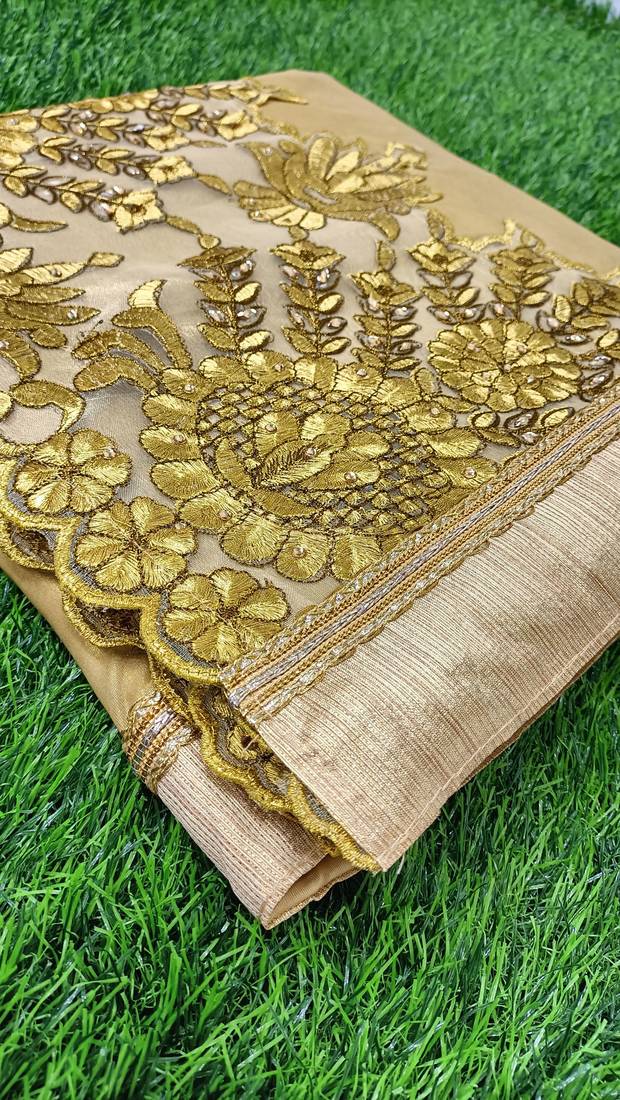  Shiny Lycra Silk Embroidery Gold Saree With Blouse