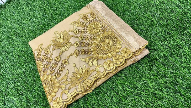  Shiny Lycra Silk Embroidery Gold Saree With Blouse