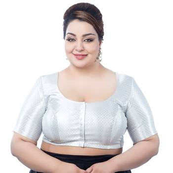 Neckbook Stunning Silver Brocade Elbow Sleeve Readymade Saree Blouse - Plus Size Delight 1