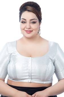 Neckbook Stunning Silver Brocade Elbow Sleeve Readymade Saree Blouse - Plus Size Delight