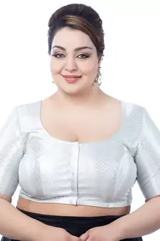 Neckbook Stunning Silver Brocade Elbow Sleeve Readymade Saree Blouse - Plus Size Delight