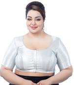 Neckbook Stunning Silver Brocade Elbow Sleeve Readymade Saree Blouse - Plus Size Delight