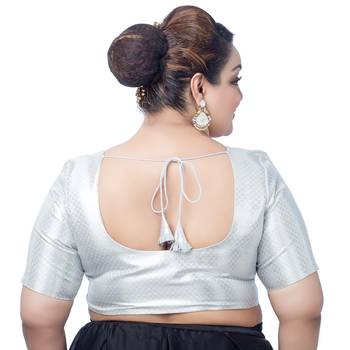 Neckbook Stunning Silver Brocade Elbow Sleeve Readymade Saree Blouse - Plus Size Delight 2