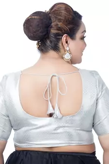 Neckbook Stunning Silver Brocade Elbow Sleeve Readymade Saree Blouse - Plus Size Delight