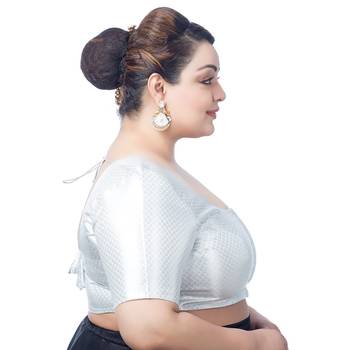 Neckbook Stunning Silver Brocade Elbow Sleeve Readymade Saree Blouse - Plus Size Delight 3