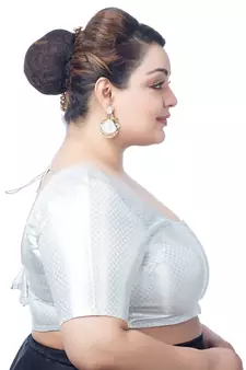 Neckbook Stunning Silver Brocade Elbow Sleeve Readymade Saree Blouse - Plus Size Delight