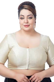 Neckbook Plus Size Cream Modal Silk Polka Dot Elbow Sleeves Readymade Saree Blouse