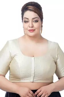Neckbook Plus Size Cream Modal Silk Polka Dot Elbow Sleeves Readymade Saree Blouse