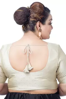 Neckbook Plus Size Cream Modal Silk Polka Dot Elbow Sleeves Readymade Saree Blouse