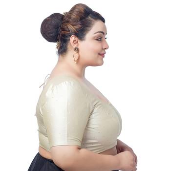 Neckbook Plus Size Cream Modal Silk Polka Dot Elbow Sleeves Readymade Saree Blouse 3