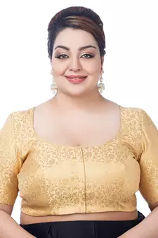 Neckbook Regal Elegance: Gold Brocade Floral Plus Size Elbow Sleeves Readymade Saree Blouse