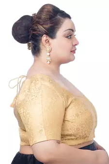 Neckbook Regal Elegance: Gold Brocade Floral Plus Size Elbow Sleeves Readymade Saree Blouse