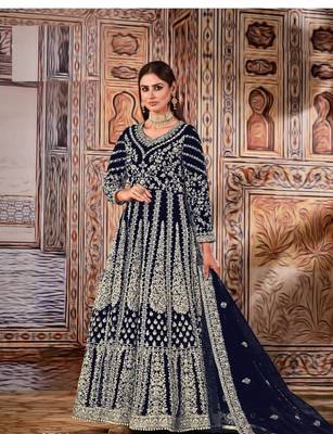 Royal-blue thread embroidery net salwar 1