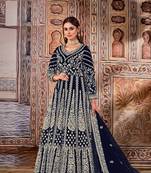 Royal-blue thread embroidery net salwar