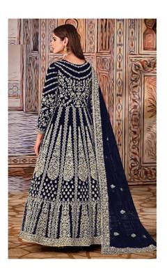 Royal-blue thread embroidery net salwar 2
