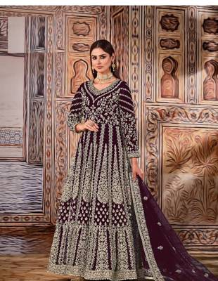 Dark-purple thread embroidery net salwar 1