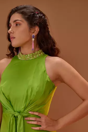 GREEN HALTER NECK DRESS