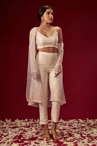 WHITE PANT SET WITH ORGANZA JACKET