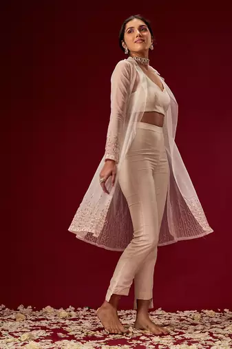 WHITE PANT SET WITH ORGANZA JACKET