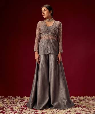 GREY PALAZO WITH ORGANZA EMBELLISHED TOP 1