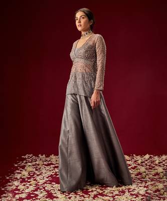GREY PALAZO WITH ORGANZA EMBELLISHED TOP 2