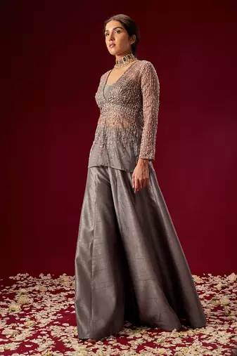GREY PALAZO WITH ORGANZA EMBELLISHED TOP