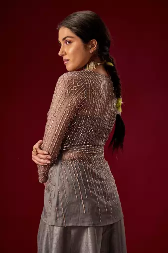 GREY PALAZO WITH ORGANZA EMBELLISHED TOP