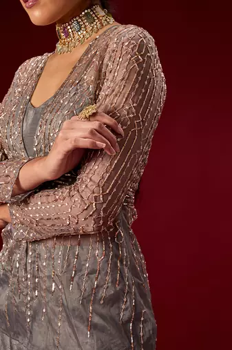 GREY PALAZO WITH ORGANZA EMBELLISHED TOP