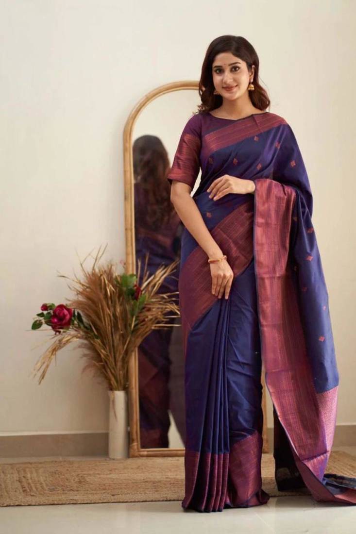 Navy Blue Woven Art Silk Saree With Blouse Piece