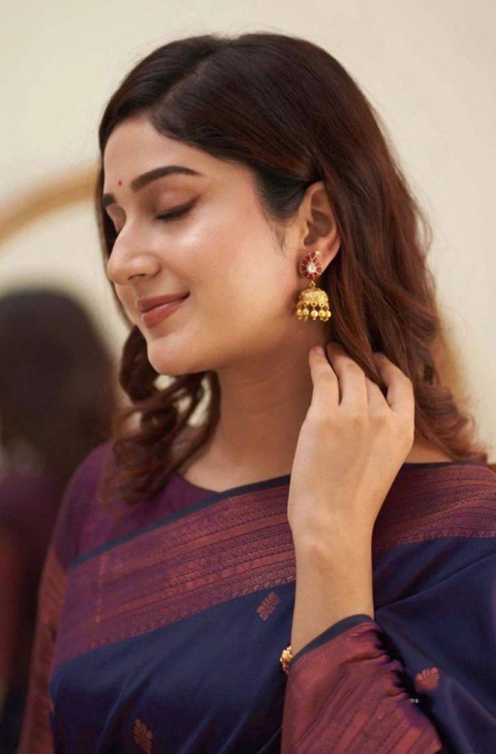 Navy Blue Woven Art Silk Saree With Blouse Piece