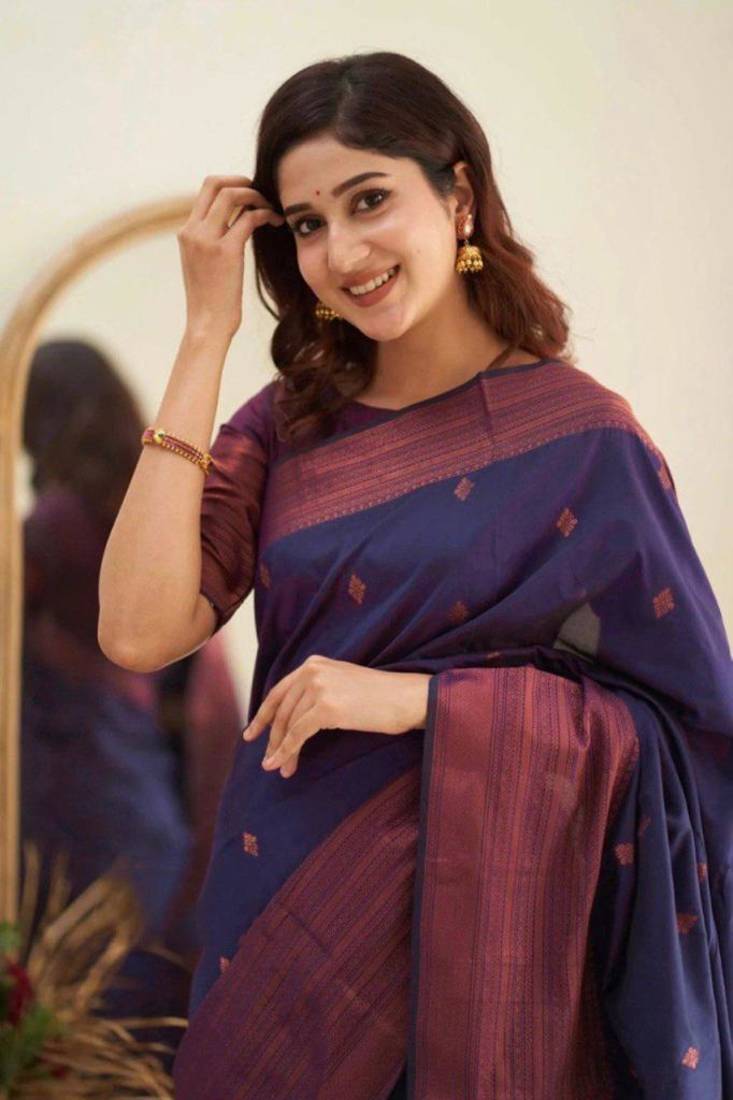 Navy Blue Woven Art Silk Saree With Blouse Piece