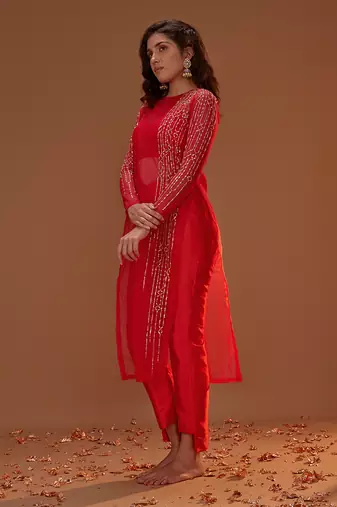 RED ORGANZA KURTA WITH PANTS