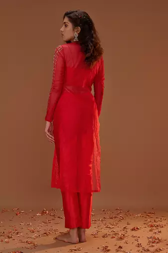 RED ORGANZA KURTA WITH PANTS