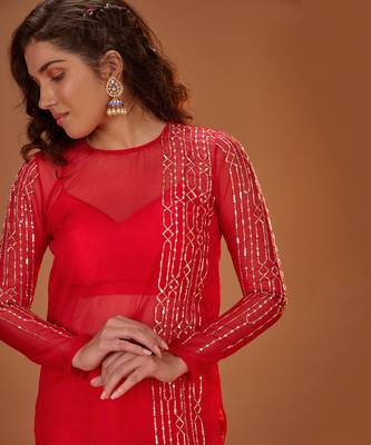 RED ORGANZA KURTA WITH PANTS 4