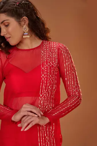 RED ORGANZA KURTA WITH PANTS