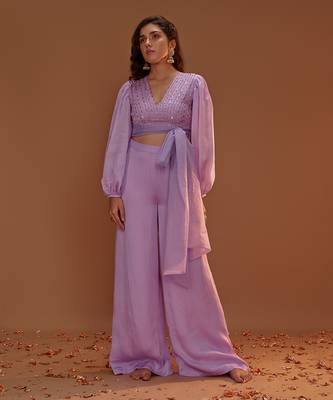 LILAC  CROP TOP WITH PALAZO AND ORGANZA TIE UP 1