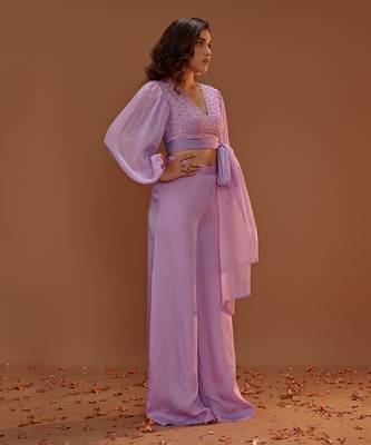 LILAC  CROP TOP WITH PALAZO AND ORGANZA TIE UP 2