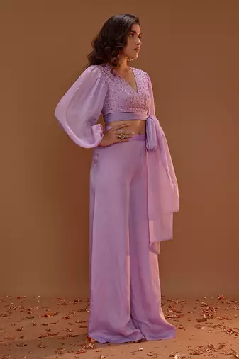 LILAC  CROP TOP WITH PALAZO AND ORGANZA TIE UP