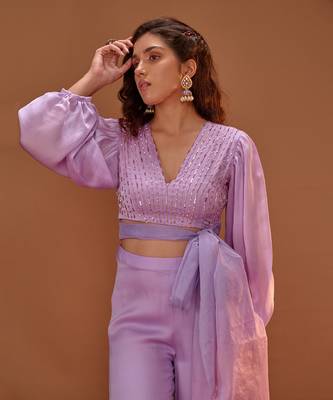 LILAC  CROP TOP WITH PALAZO AND ORGANZA TIE UP 3