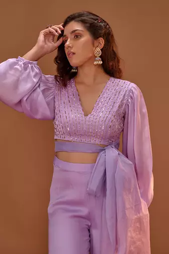 LILAC  CROP TOP WITH PALAZO AND ORGANZA TIE UP