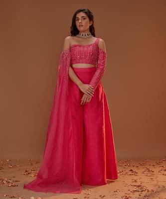 HOT PINK PALAZO WITH DRAPED CROP TOP 1