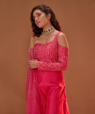 HOT PINK PALAZO WITH DRAPED CROP TOP 3