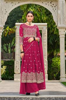 Rani-pink embroidered georgette salwar kameez
