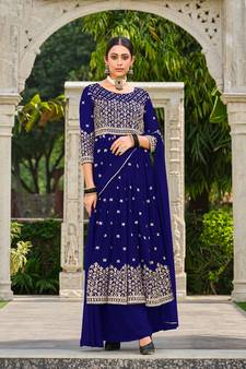 Navy-blue embroidered georgette salwar kameez