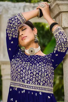 Navy-blue embroidered georgette salwar kameez
