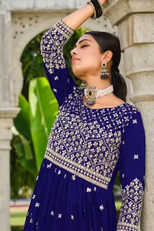 Navy-blue embroidered georgette salwar kameez