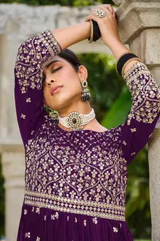 Purple embroidered georgette salwar kameez