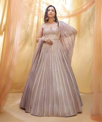 Mauve lilac heavy embridered drape gown 1