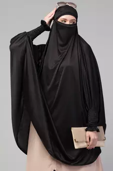 Nazneen Ready to Wear tie at back smoking at wrist with Naqab instant Khimer Prayer hijab For Hajj and Umrah