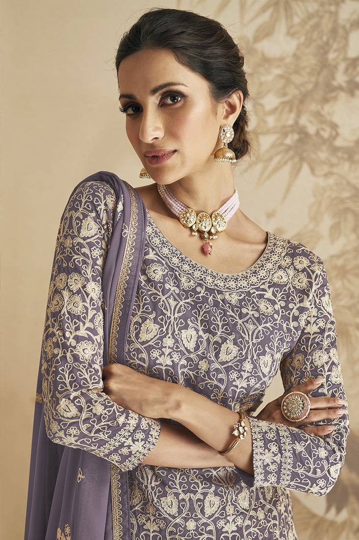 Lavender Embroidered Georgette Salwar Suit